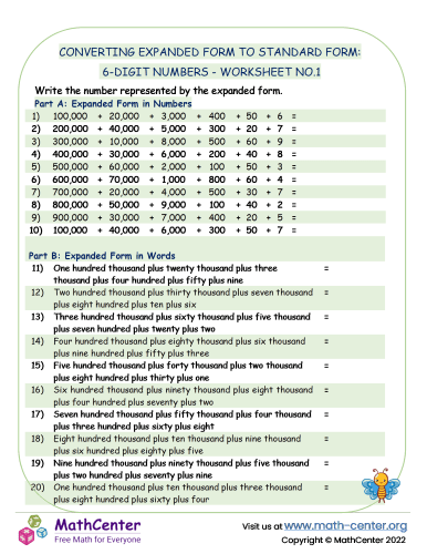 Converting Expanded Form to standard Form: 6-Digit Numbers - Worksheet no.1