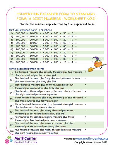 Converting Expanded Form to standard Form: 6-Digit Numbers - Worksheet no.3