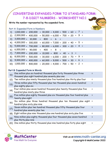 Converting Expanded Form to standard Form: 7-8-Digit Numbers - Worksheet no.1