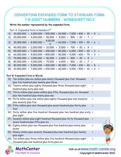 Converting Expanded Form to standard Form: 7-8-Digit Numbers - Worksheet no.2
