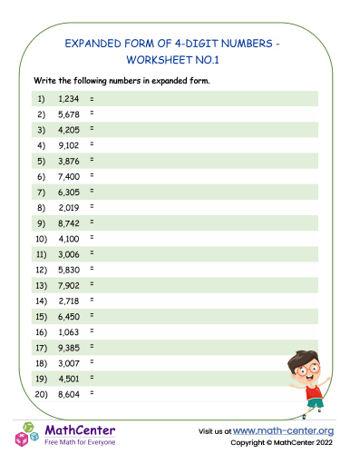 Expanded Form of 4-Digit Numbers - Worksheet no.1