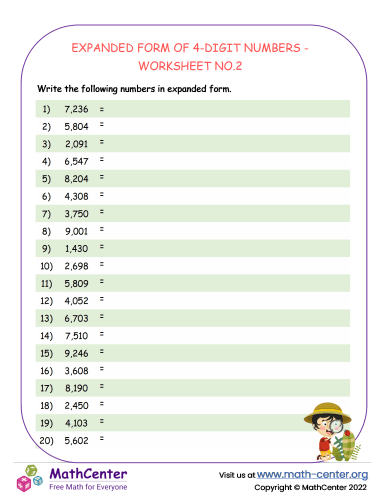 Expanded Form of 4-Digit Numbers - Worksheet no.2