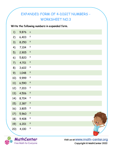 Expanded Form of 4-Digit Numbers - Worksheet no.3