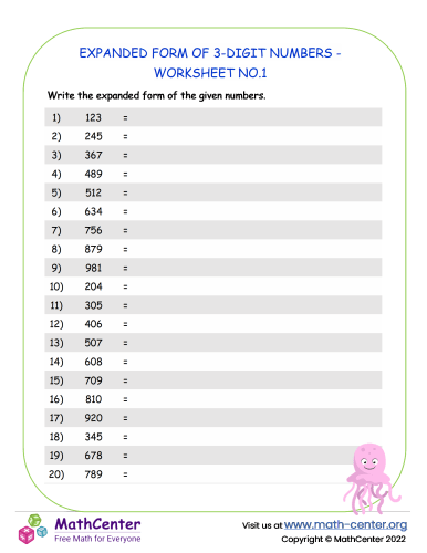 Expanded Form of 3-Digit Numbers - Worksheet no.1