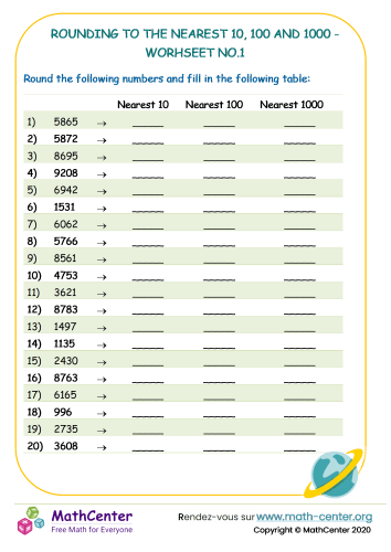 Rounding to the nearest 10, 100 and 1000 - worksheet no.1