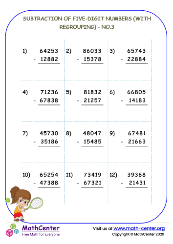 Subtraction of five-digit numbers (with regrouping) - no.3