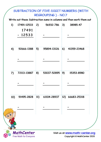 Subtraction of five-digit numbers (with regrouping ) - no.7
