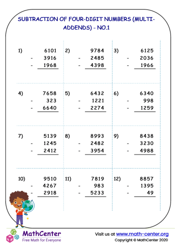 Subtraction of four-digit numbers (multi-addends ) - no.1