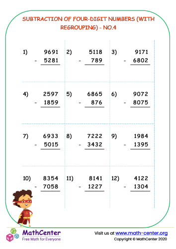 Subtraction of four-digit numbers (with regrouping) - no.4