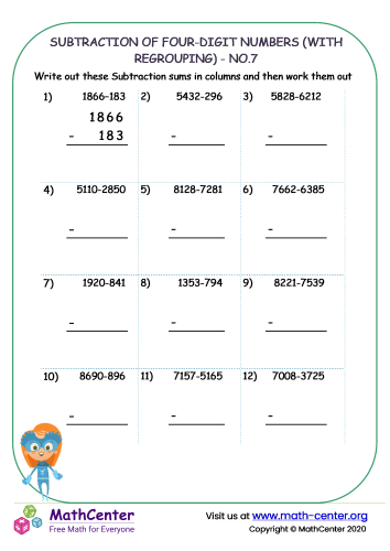 Subtraction of four-digit numbers (with regrouping ) - no.7