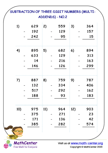 Subtraction of three-digit numbers (multi-addends ) - no.2