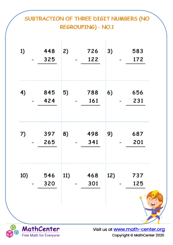 Subtraction of three  digit numbers (no regrouping) - no.1