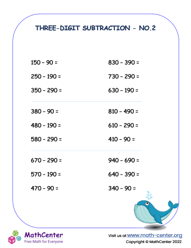 3 digit subtraction - Worksheet No.2