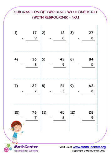 Subtraction of two digit with one digit (with regrouping) - no.1