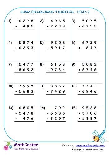 Suma En Columna 4 Dígitos Hoja 3