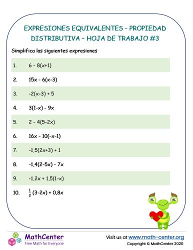 Expresiones equivalentes - Propiedad distributiva – Hoja de trabajo #3