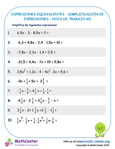 Expresiones equivalentes - Simplificación de expresiones – Hoja de trabajo #2