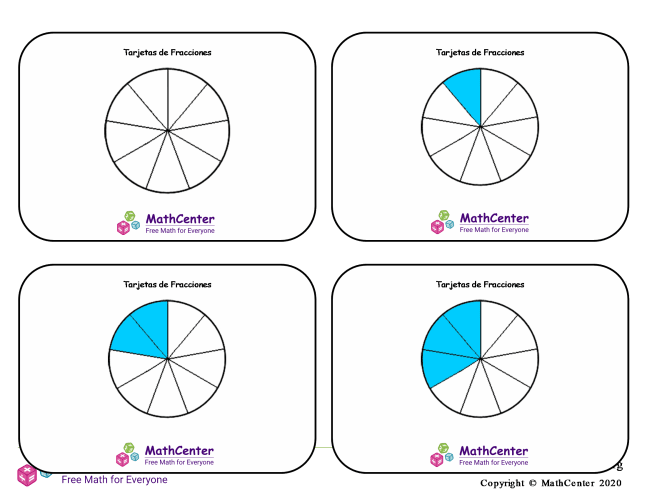 Tarjetas didácticas de fracciones - Novenos (círculos)