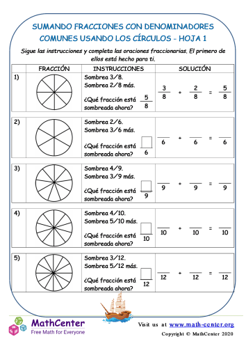 Sumar fracciones con denominadores comunes (círculos)- Hoja 1