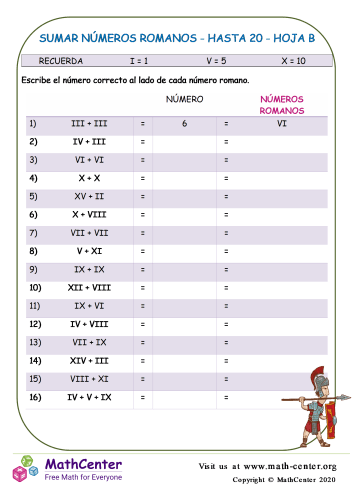 Sumar números romanos hasta 20