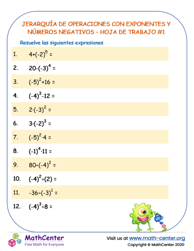 Jerarquía de operaciones con exponentes y números negativos – Hoja de trabajo #1