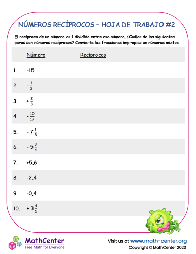 Números recíprocos – Hoja de trabajo #2