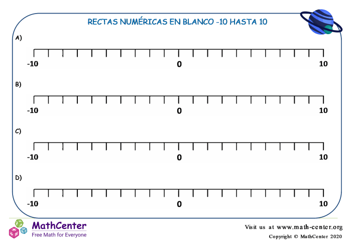 Rectas numéricas en blanco: Del -10 al 10 Horizontal N°5