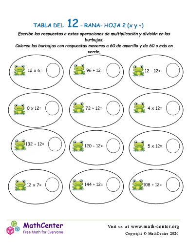 12 Tabla de multiplicar - Rana - Hoja 2 (X y ÷)