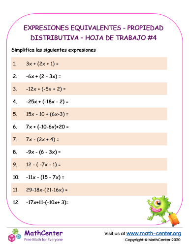 Expresiones equivalentes - Propiedad distributiva – Hoja de trabajo #4