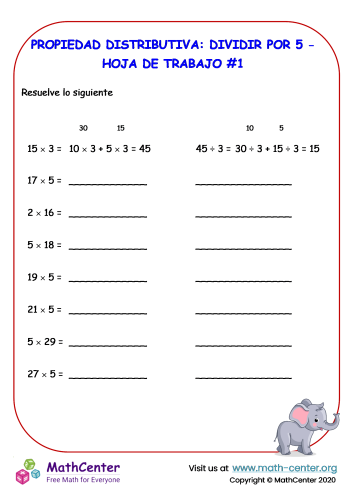 Propiedad distributiva - División y multiplicación por 5 - Hoja de trabajo #1