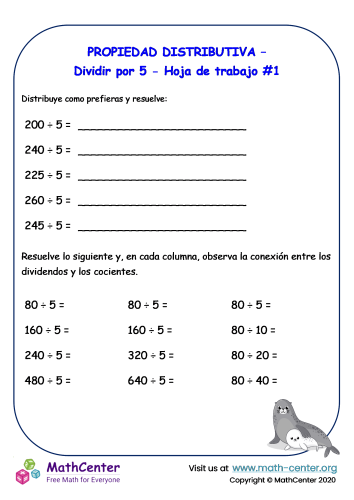 Propiedad distributiva: dividir por 5 - Hoja de trabajo #1