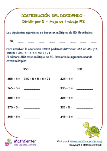 Propiedad distributiva: dividir por 5 - Hoja de trabajo #2