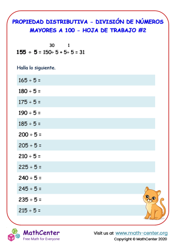 Propiedad distributiva - División de números mayores a 100 - Hoja de trabajo #2