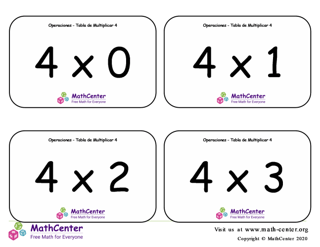 4 Tarjetas didácticas de multiplicaciones con Respuestas