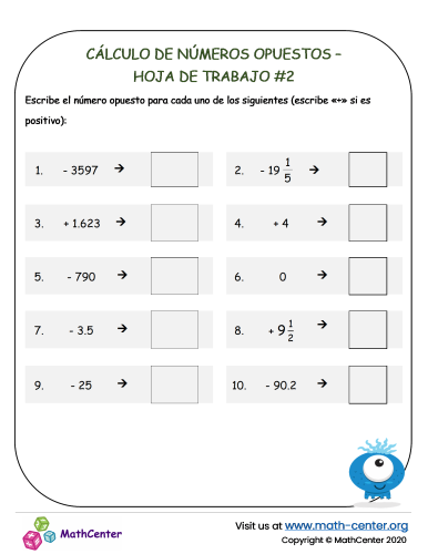 Cálculo de números opuestos – Hoja de trabajo #2