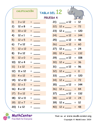 12 Prueba de tablas de multiplicar 4