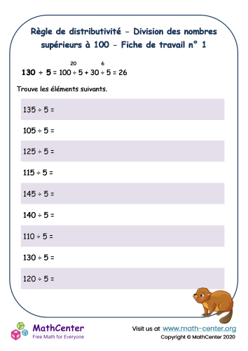 Règle de distributivité - division des nombres supérieurs à 100 - fiche de travail n° 1