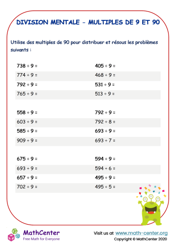 Division mentale - multiples de 9 et 90