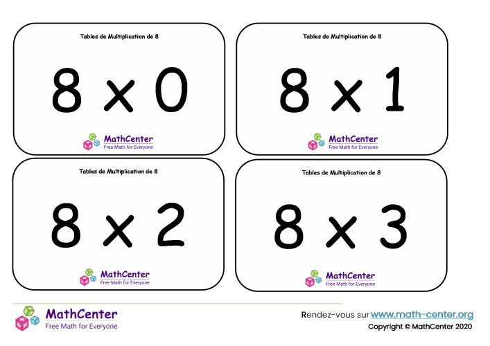 8 tables de multiplication - cartes avec réponses