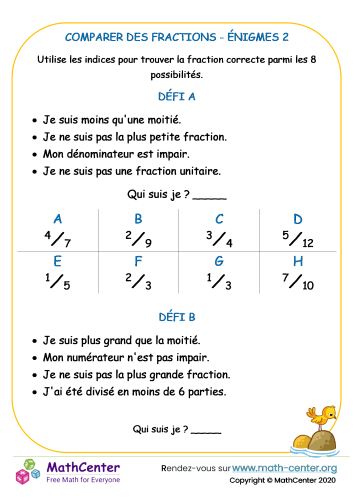 Comparer des fractions - énigmes 2
