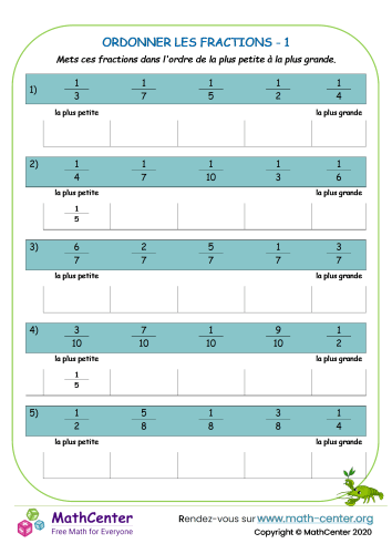 Ordonner des fractions - fiche 1