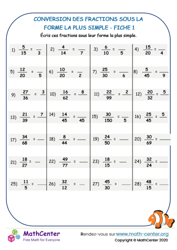 Conversion de fractions à la forme la plus simple fiche 1