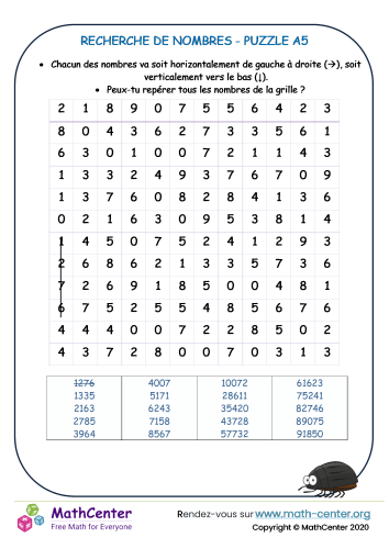 Recherche le nombre - puzzle a5