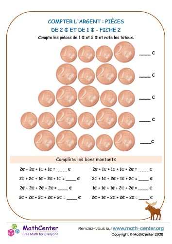 Compter l'argent : pièces de 1 ¢ et de 2 ¢ - fiche 2