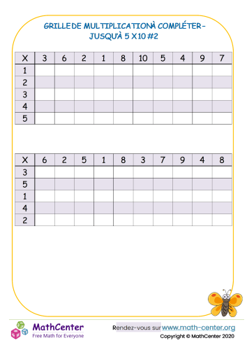 Tableau de multiplication vide à 5 x 10 #2