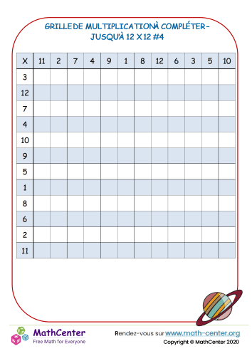 Tableau de multiplication vide à 12 x 12 #4