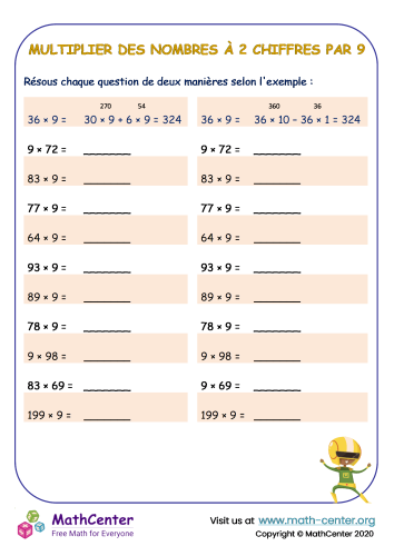 Multiplications mentales - multiplier des nombres à 2 chiffres par 9 n°1