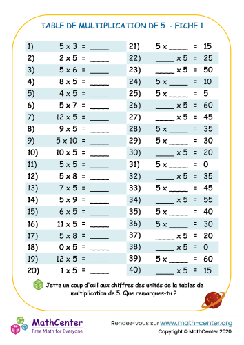 5 tables de multiplication fiche 1