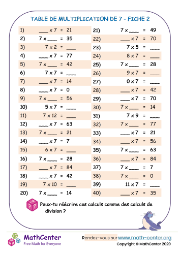 7 tables de multiplication fiche 2