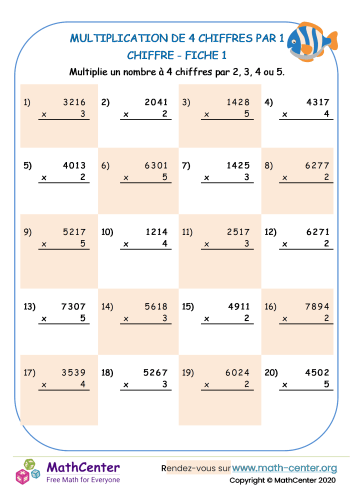 Multiplication de 4 chiffres par 1 chiffres fiche 1